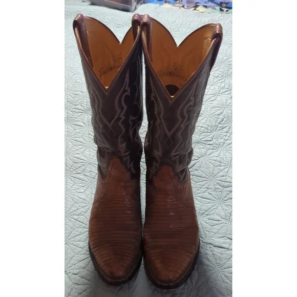 Vintage TONY LAMA Teju Lizard Leather Cowboy Boots Two Tone Men's 8 D USA 8005 - Picture 6 of 14